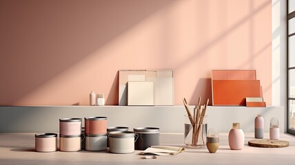 the process of choosing paint for house renovation, featuring tiny sample paint cans in the Color of the Year 2024, Peach Fuzz, color charts in the background, the decision-making process.