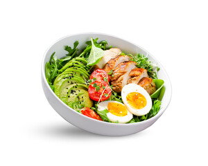 Grilled Chicken Fillet with Fresh Salad, Cherry Tomatoes, Boiled Egg and Avocado, Budha Bowl, Keto Paleo Diet Menu