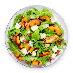 Grilled Peach Salad with Blue Cheese, Pecans and Arugula on White Background