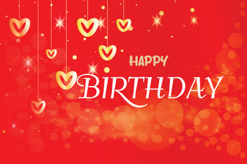 Happy birthday greeting card with gold hearts like garland golden glitter Birthday celebration horizontal vector banner message Red background Poster template Celebration illustration Gentle design