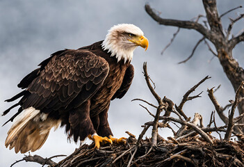 Portrait of American bald eagle flying with large wings with a furious look 