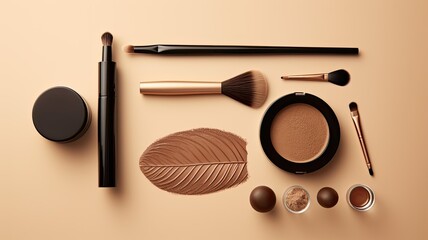 flat lay composition featuring eyebrow henna and tools on a beige background, with space for text, presenting the composition in a minimalist modern style that accentuates simplicity and elegance.