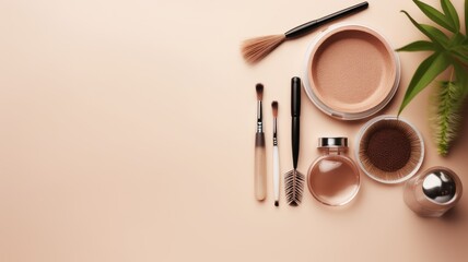 flat lay composition featuring eyebrow henna and tools on a beige background, with space for text, presenting the composition in a minimalist modern style that accentuates simplicity and elegance.