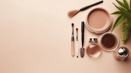 Foto op Plexiglas Schoonheidssalon flat lay composition featuring eyebrow henna and tools on a beige background, with space for text, presenting the composition in a minimalist modern style that accentuates simplicity and elegance.