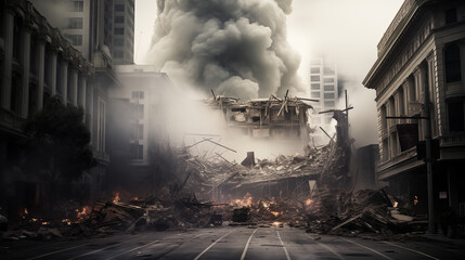 Catastrophic building collapse amidst smoke in city.