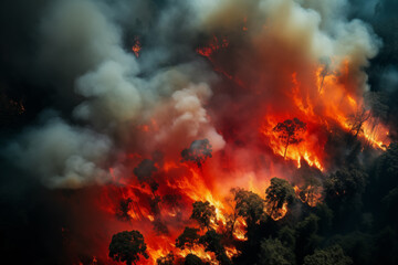 Wildfire burning through forest.