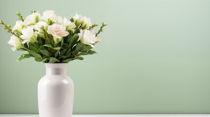 White flowers in vase on pastel green background.