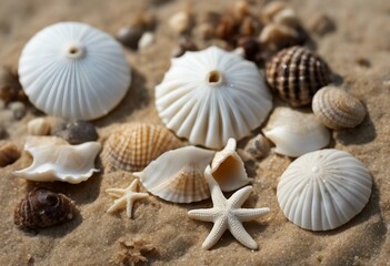 Fototapeta na wymiar Beach finds small seashells fossil coral and sand dollars puka shells a sea urchin and a white star