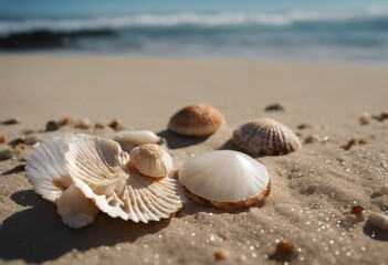 Fototapeta na wymiar Beach finds small seashells fossil coral and sand dollars puka shells a sea urchin and a white star