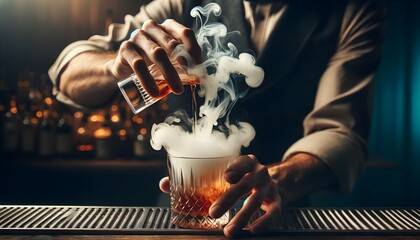 Cocktail explosif dans les mains du barman - obrazy, fototapety, plakaty
