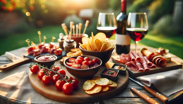 Ap&eacute;ritif d'&eacute;t&eacute; avec vin et tomates en ext&eacute;rieur