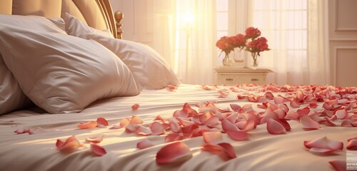 Delicate rose petals scattered on a bed, adding a touch of romance to the setting.