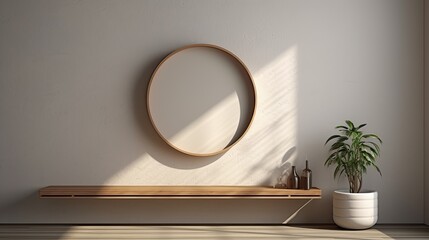 round mirror with lighting on a wooden shelf in a modern minimalist style