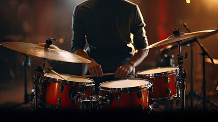 Obraz premium drummer playing drum kit in studio, close up