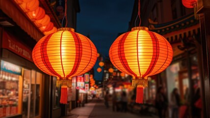 Naklejka premium orange paper lantern at night close up