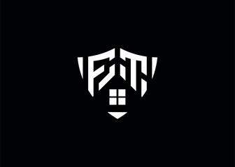 Real estate letter FT shield shape logo and house building vector template