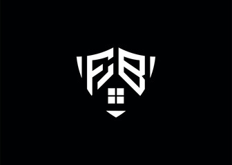 Real estate letter FB shield shape logo and house building vector template