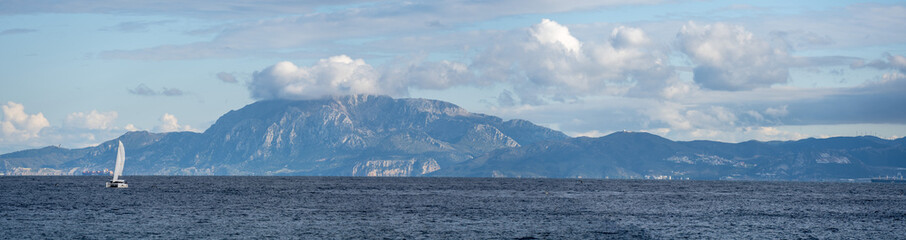 Looking at the Mountains of Morroco across the Strait of Gibraltar from Spain - obrazy, fototapety, plakaty