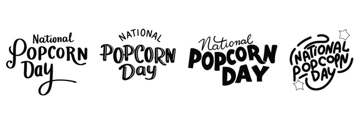 Collection of National Popcorn Day inscription. Set of handwriting text National Popcorn Day black banner. Hand drawn vector art.