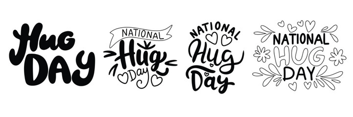 Collection of Hug Day inscription. Set of handwriting text Hug Day black banner. Hand drawn vector art. - obrazy, fototapety, plakaty