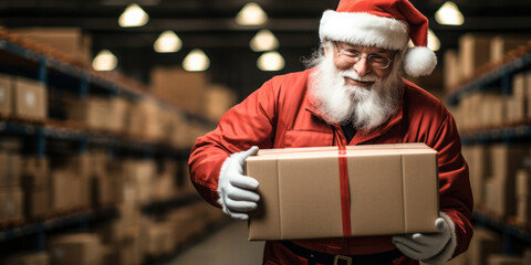 Santa Claus in Red Costume and Gloves Holding a Plain Cardboard Box in Warehouse with Shelves of Parcels