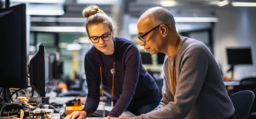Experienced Employee Discussing Project Details with Young Intern at a High-Tech Development Laboratory with Workstations