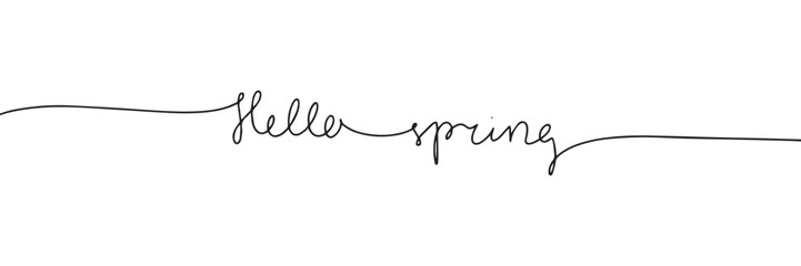 Hello spring one line continuous text banner. Handwriting line art text. Hand drawn vector art - obrazy, fototapety, plakaty