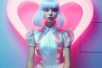 A stylish woman sporting a pastel pink bob haircut posing in front of a gigantic neon heart installation