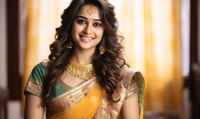 Elegant Indian Woman in Traditional Saree with Embroidered Gold Border, Smiling Positively and Wearing Luxurious Gold Jewelry