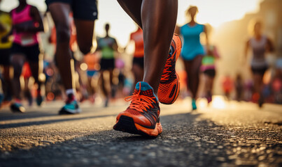 Close-up of runners' feet in motion at sunrise marathon, capturing the dynamic energy and determination in a road race - obrazy, fototapety, plakaty