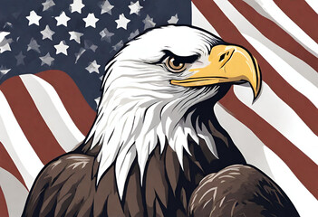 American bald eagle with American flag in the background