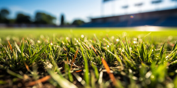 Close-up View Of Fresh Green Grass On A Sunny Day At A Sports Stadium With Blurred Background Showcasing The Outdoor Athletic Field