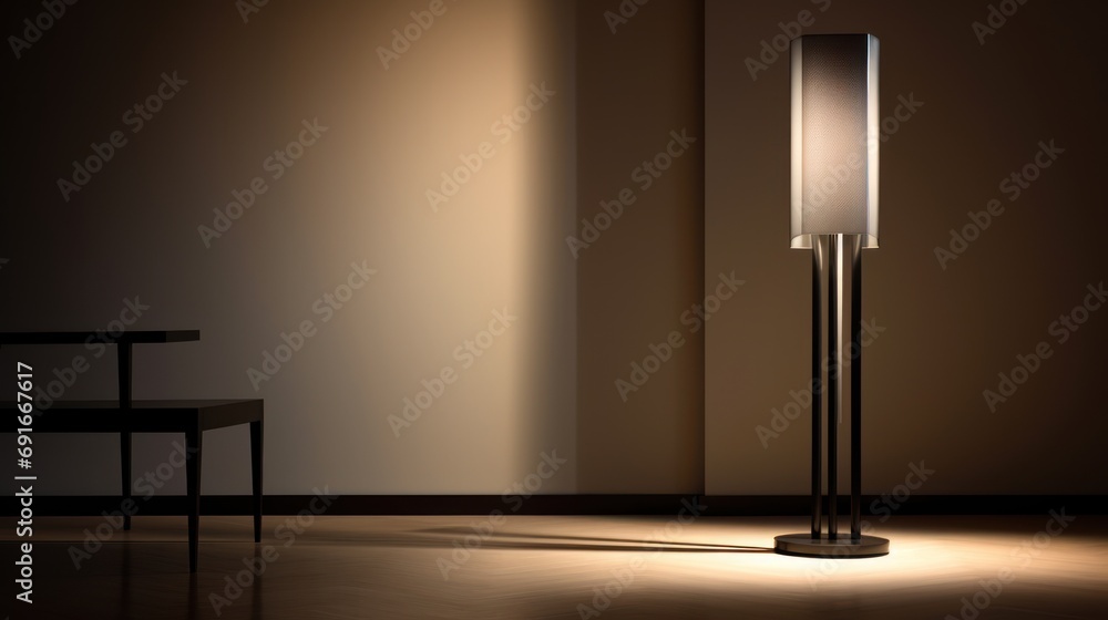 Poster a floor lamp in the corner of a room with a table and chair in front of it and a chair in the corner