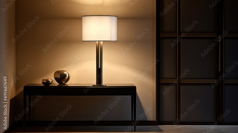 Poster a lamp sitting on top of a table next to a vase on top of a table next to a lamp on top of a table w
