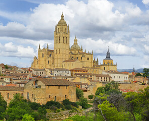 Fototapeta na wymiar Segovia, Spain. The historic city of Segovia skyline with Catedral de Santa Maria de Segovia, Castilla y Leon. World Heritage Site by UNESCO