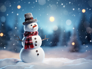 Merry christmas and happy new year greeting card with copy-space.Happy snowman standing in christmas landscape