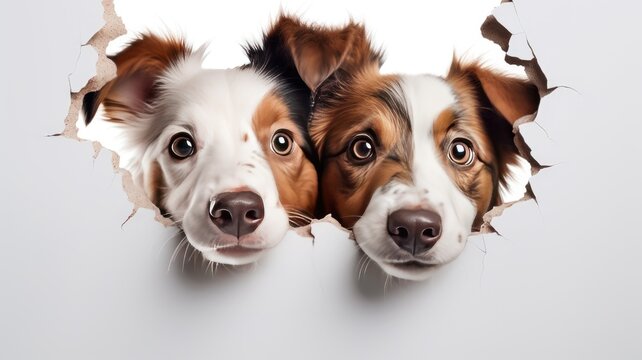 two dogs playfully peek through holes on a white background, resembling interactive artwork, detailed portraits of the white and brown dogs, presenting the composition in a minimalist modern style.