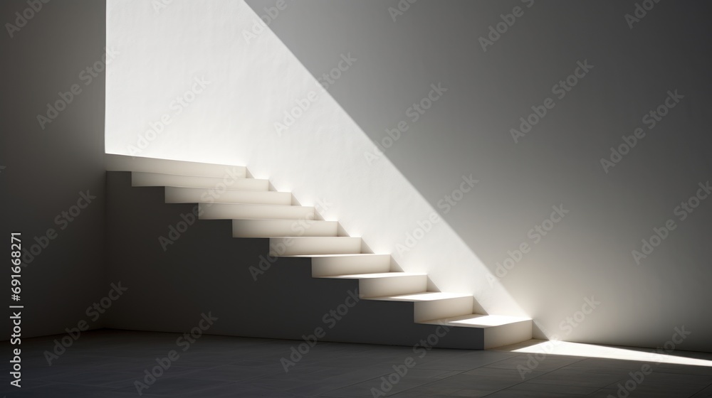 Poster a set of stairs in a white room with a light coming from the top of one of the steps and the bottom 