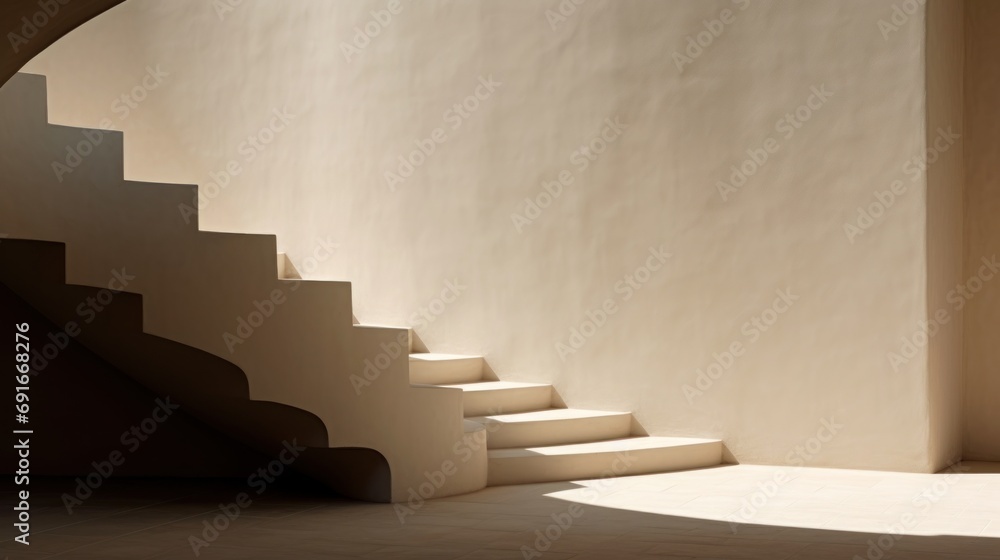 Poster a set of stairs next to a wall with a light coming from the top of one of them and a light coming fr