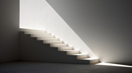  a set of stairs in a white room with a light coming from the top of one of the steps and the bottom of the stairs to the bottom of the second.