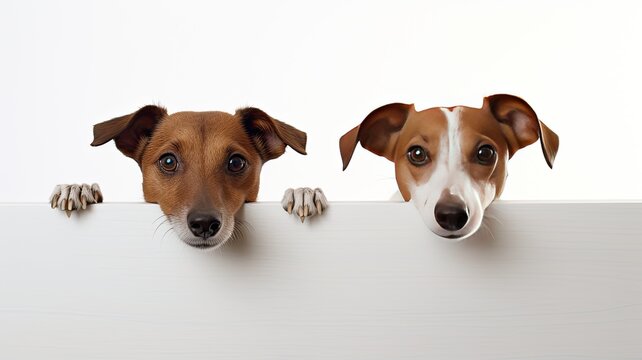 two dogs playfully peek through holes on a white background, resembling interactive artwork, detailed portraits of the white and brown dogs, presenting the composition in a minimalist modern style.