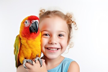 Parrot and girl, girl with parrot on shoulder, best pet friends, young girl and bird, smiling kid, love, hobby, friends, conversation, laughing, red yellow parrot, generative AI, JPG