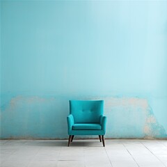  a blue chair against a blue wall in a room with a white tile floor and a blue wall with peeling paint and a blue chair in the middle of the room.