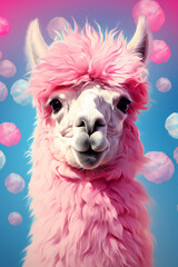 pink alpaca with pink flower. pink fluffy lama blowing bubblegum, colorful paintings, cartoon, wallpaper