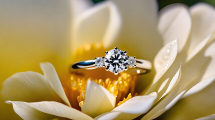 An exquisite diamond engagement ring resting delicately within a white flower.