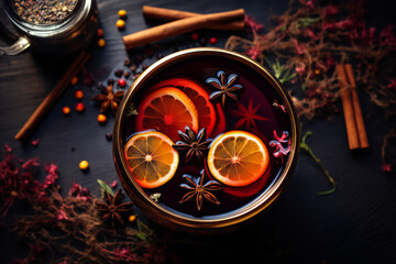Christmas mulled red hot wine with spices, winter holiday concept. New Year celebration. Bokeh blurred background