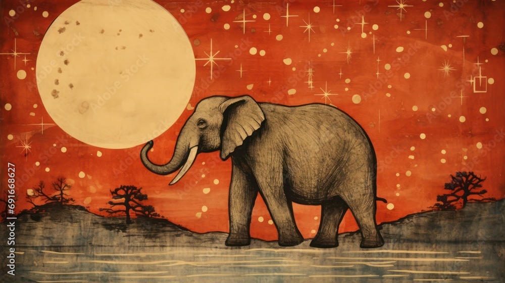 Poster a painting of an elephant standing in front of a red sky with stars and a full moon in the backgroun