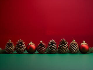 Row of red christmas ball decorations and pine cones on a green background