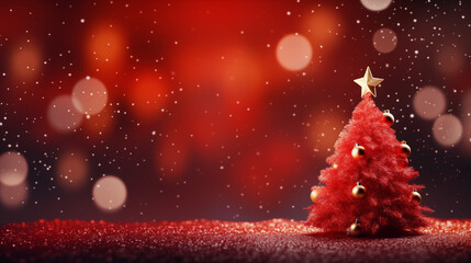Fototapeta na wymiar Christmas background with xmas tree and sparkle bokeh lights on red canvas background.