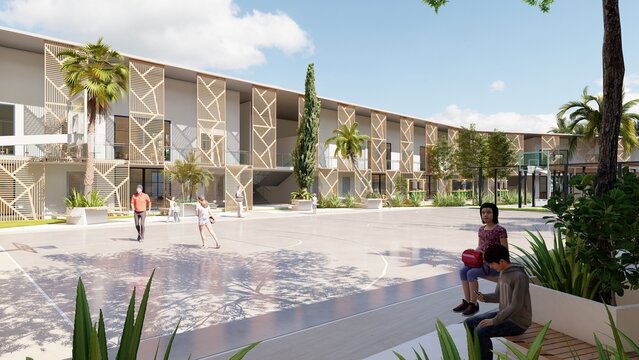 School infrastructure, school architecture, minimalist façade with wooden lattices, flexible interior space for public use,